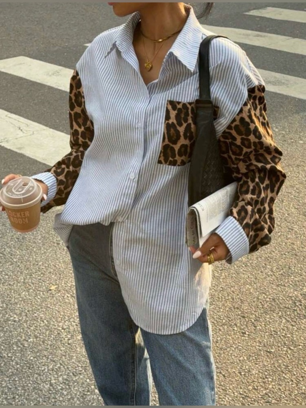NewStriped Button-Up Shirt with Leopard Sleeves Casual Blouse (read Description)